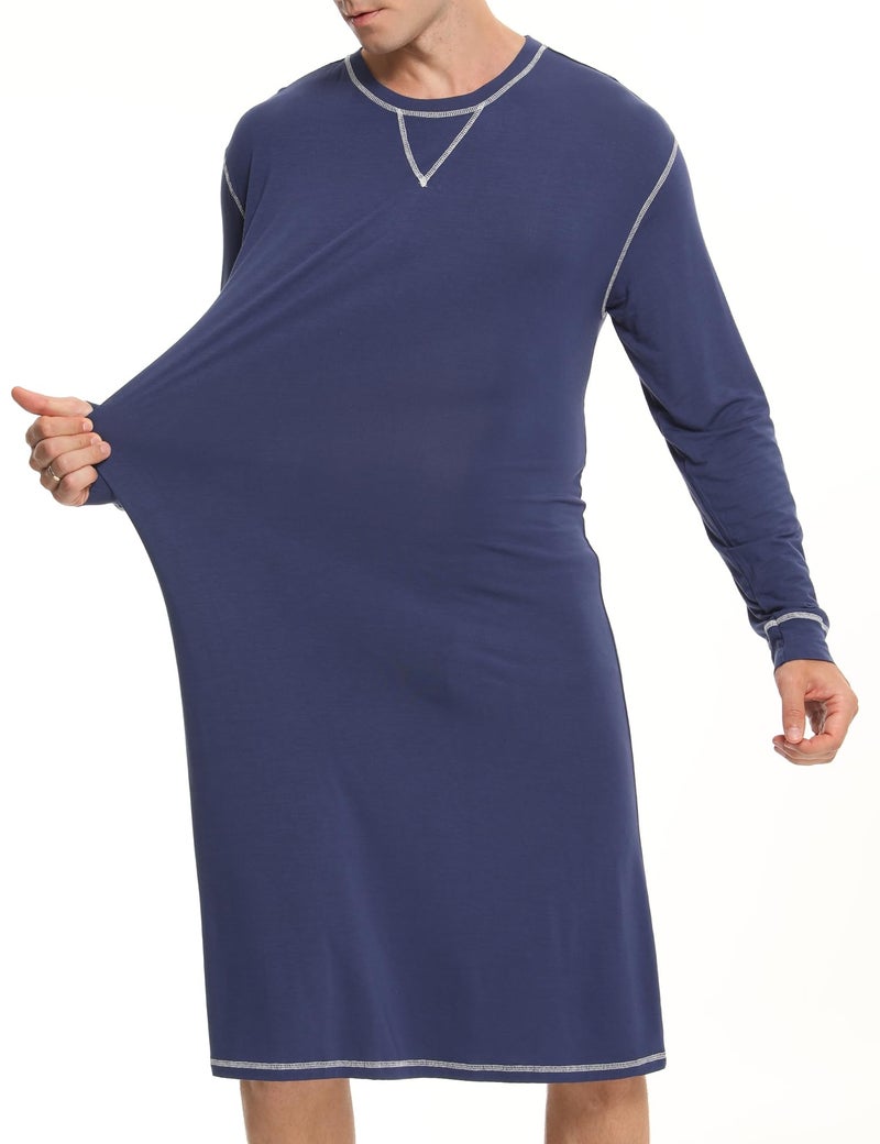 SWOMOG Mens Nightgown Long Sleeve Lounge, Sleep Henley Shirt Pajama Big & Tall Nightshirt Comfy Nightwear S-XXL Navy Blue Large - Image 3