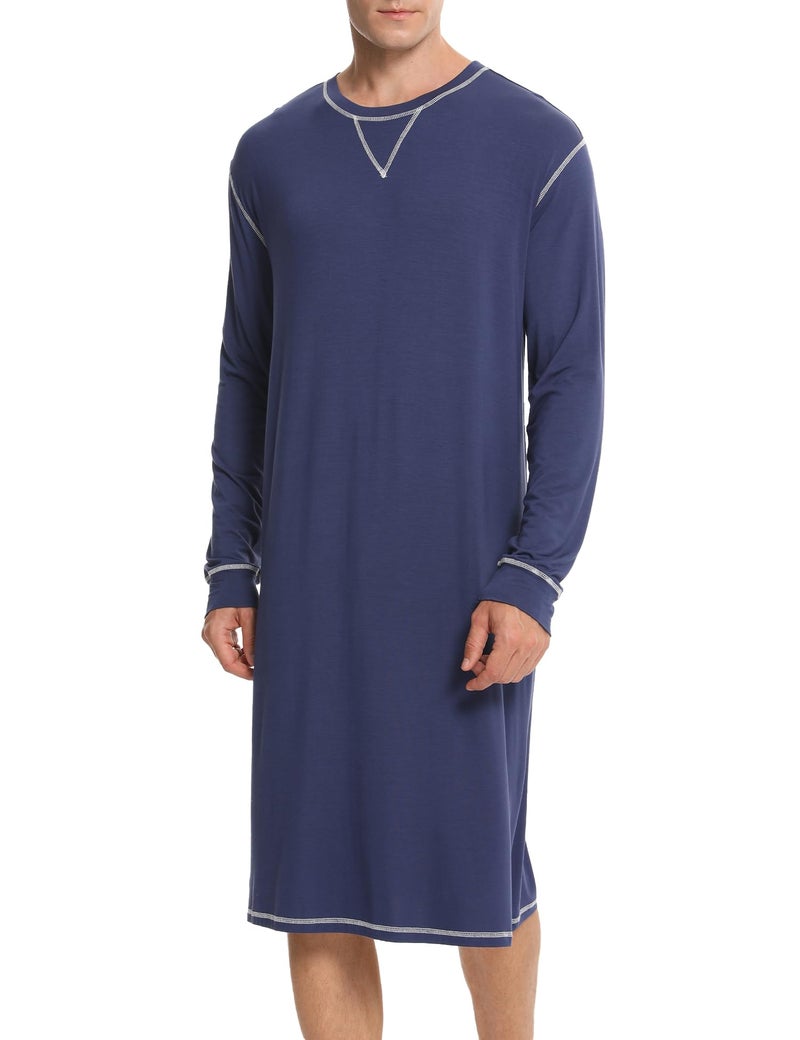 SWOMOG Mens Nightgown Long Sleeve Lounge, Sleep Henley Shirt Pajama Big & Tall Nightshirt Comfy Nightwear S-XXL Navy Blue Large - Image 1