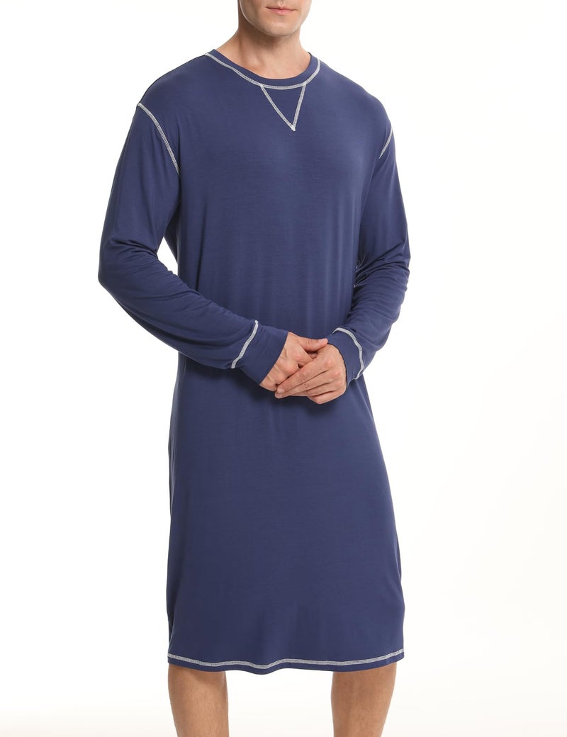 SWOMOG Mens Nightgown Long Sleeve Lounge, Sleep Henley Shirt Pajama Big & Tall Nightshirt Comfy Nightwear S-XXL Navy Blue Large - Image 2