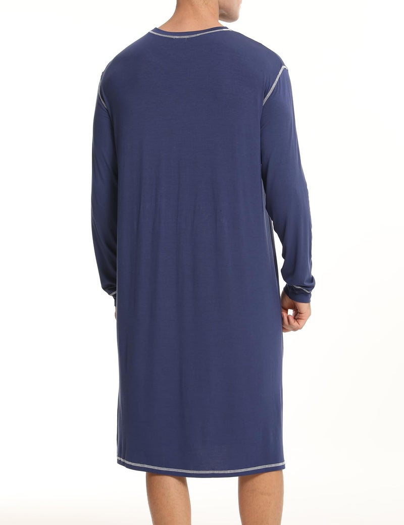SWOMOG Mens Nightgown Long Sleeve Lounge, Sleep Henley Shirt Pajama Big & Tall Nightshirt Comfy Nightwear S-XXL Navy Blue Large - Image 5