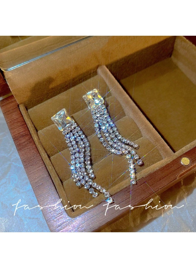 Goolsky 925 Sterling Silver Zircon Long Tassel Drop Earrings for Women – Elegant French Statement Jewelry, Sparkling Zircon Tassels S925 Silver Anti-Tarnish, Formal Weddings Eid Dinners - Image 1