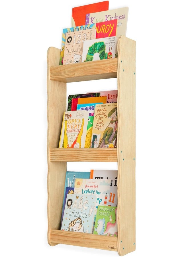 Ocodile Floating Kids Bookshelf – 3-Tier Wall Mounted Bookshelf for Nursery & Playroom – Montessori Floating Shelves for Kids Room Made of Pine Wood with Smooth Finish - Varnished - Image 1