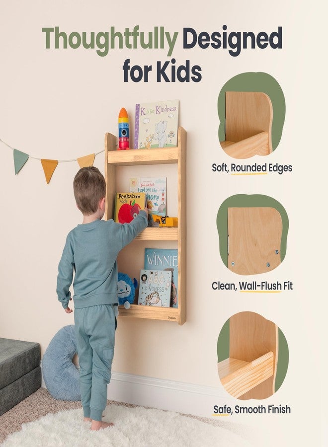 Ocodile Floating Kids Bookshelf – 3-Tier Wall Mounted Bookshelf for Nursery & Playroom – Montessori Floating Shelves for Kids Room Made of Pine Wood with Smooth Finish - Varnished - Image 4