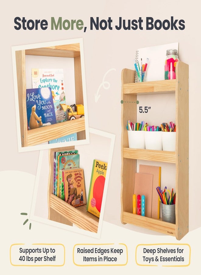 Ocodile Floating Kids Bookshelf – 3-Tier Wall Mounted Bookshelf for Nursery & Playroom – Montessori Floating Shelves for Kids Room Made of Pine Wood with Smooth Finish - Varnished - Image 5