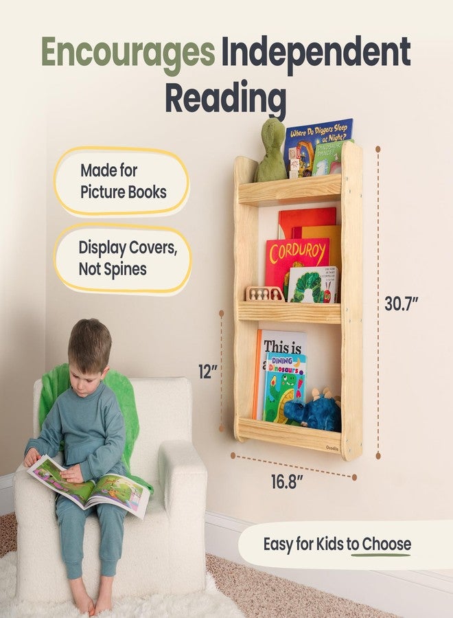 Ocodile Floating Kids Bookshelf – 3-Tier Wall Mounted Bookshelf for Nursery & Playroom – Montessori Floating Shelves for Kids Room Made of Pine Wood with Smooth Finish - Varnished - Image 2
