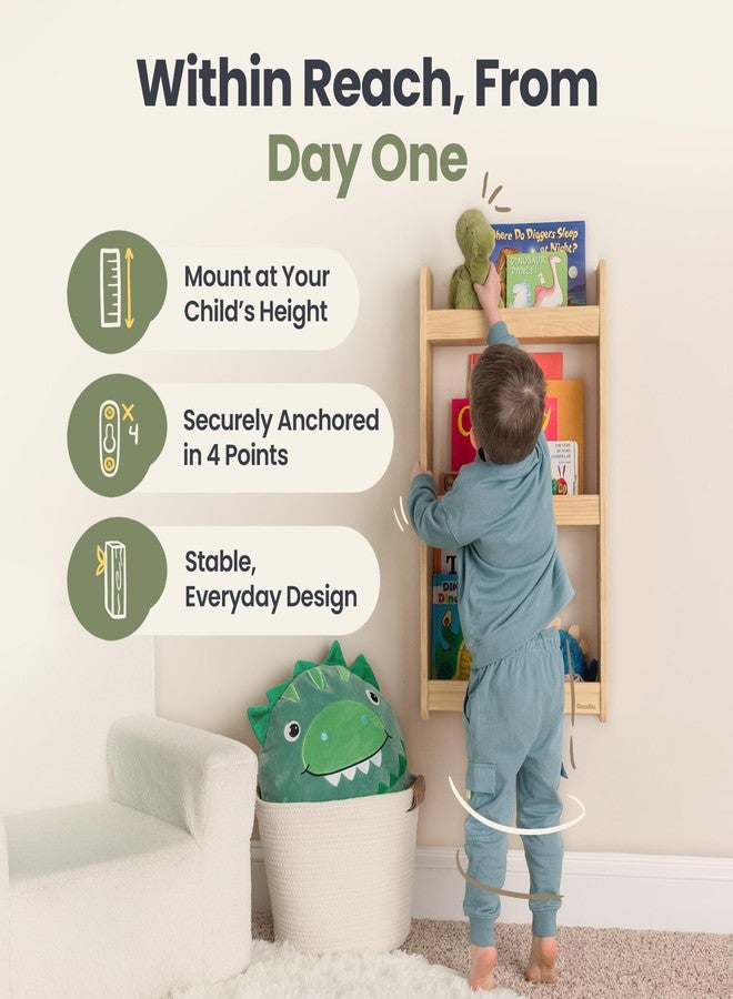 Ocodile Floating Kids Bookshelf – 3-Tier Wall Mounted Bookshelf for Nursery & Playroom – Montessori Floating Shelves for Kids Room Made of Pine Wood with Smooth Finish - Varnished - Image 3