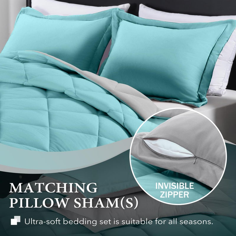 downluxe King Size Comforter Set - Turquoise and Grey King Comforter, Soft Bedding Sets for All Seasons -3 Pieces - 1 Comforter (104"x92") and 2 Pillow Shams(20"x36") - Image 3