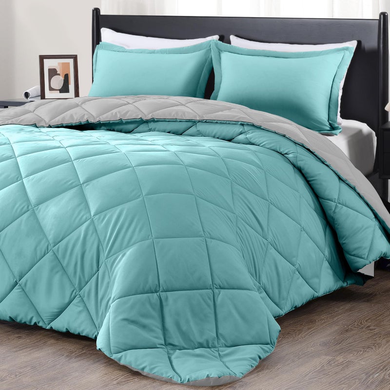downluxe King Size Comforter Set - Turquoise and Grey King Comforter, Soft Bedding Sets for All Seasons -3 Pieces - 1 Comforter (104"x92") and 2 Pillow Shams(20"x36") - Image 1