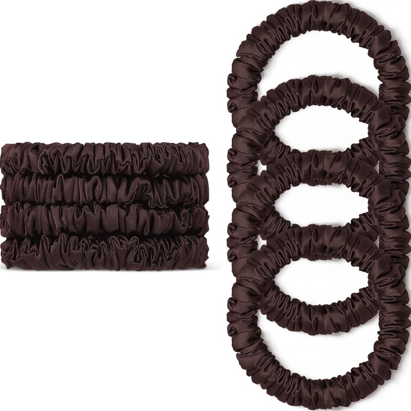 Scrunchies Hair Ties Silk Satin Scrunchy WantGor Women 4PC Pure Mulberry Silk Skinny Elastic Scrunchies Hair Bands Bracelets Ponytail Holders Hair Accessories Brown4