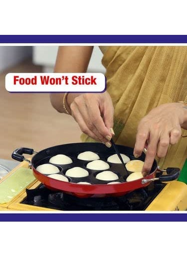 KD ZONE KD ZONE Aluminium 12 Cavity Appam Patra Paniyarakkal Two Side Handle with Steel lid Wooden Picker 23 cm Red Black  - Image 2
