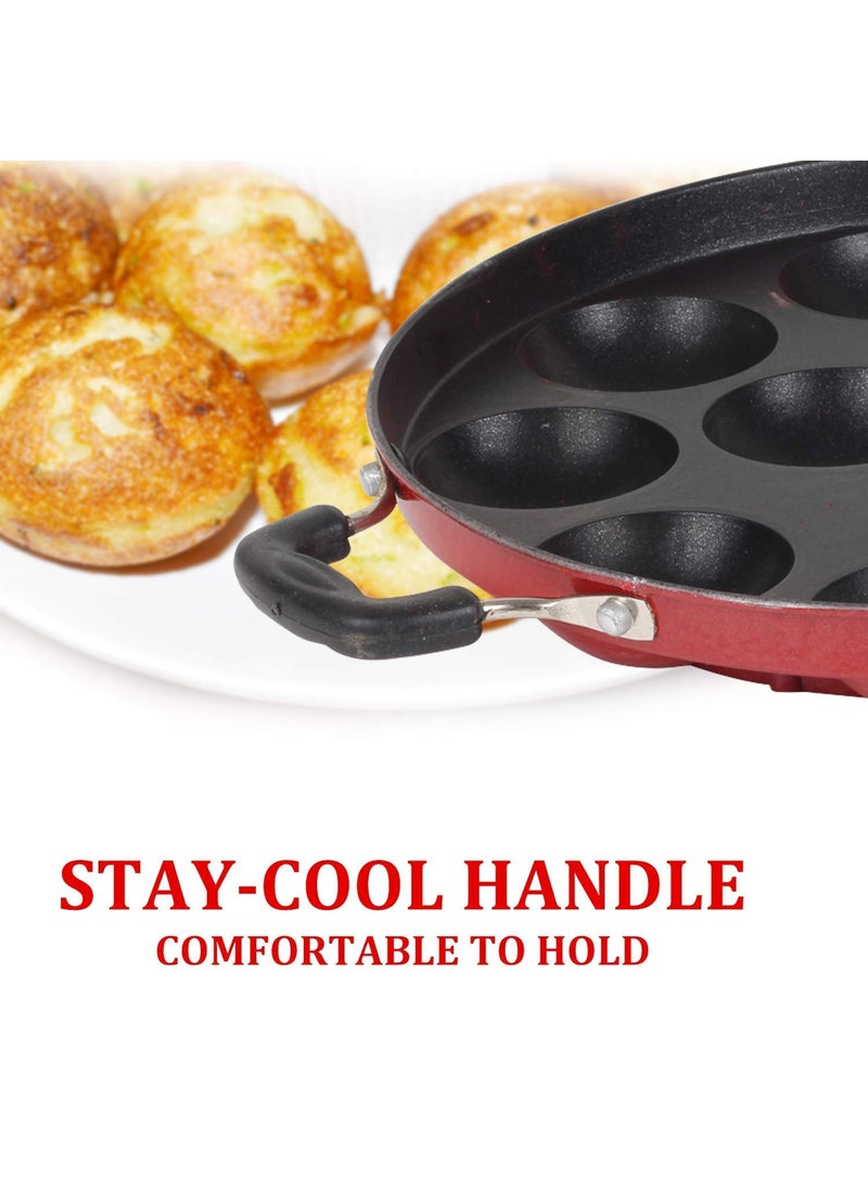 KD ZONE KD ZONE Aluminium 12 Cavity Appam Patra Paniyarakkal Two Side Handle with Steel lid Wooden Picker 23 cm Red Black  - Image 5