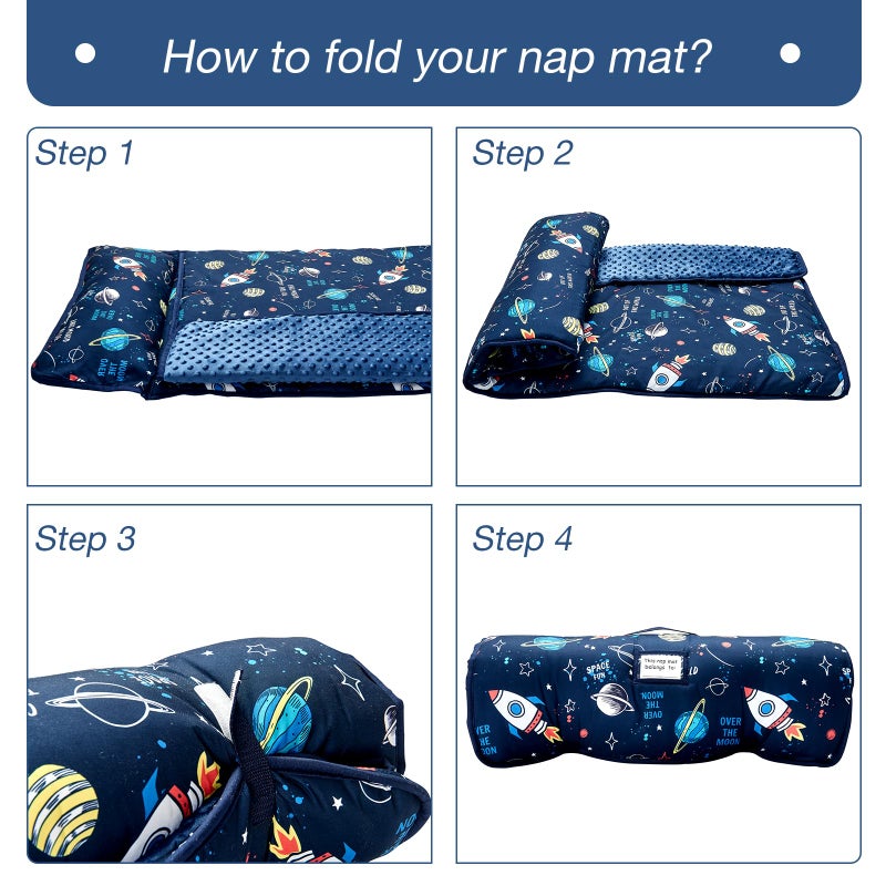 beeweed Toddler Nap Mat, Rollup Design Kid Sleeping Mat with Removable Pillow & Minky Blanket, Toddler Sleeping Bag for Daycare Preschool Travel Camping, Space Ship - Image 5