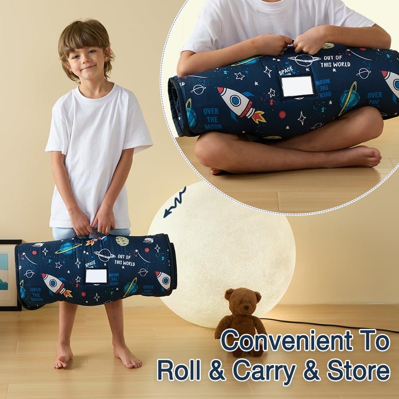 beeweed Toddler Nap Mat, Rollup Design Kid Sleeping Mat with Removable Pillow & Minky Blanket, Toddler Sleeping Bag for Daycare Preschool Travel Camping, Space Ship - Image 3