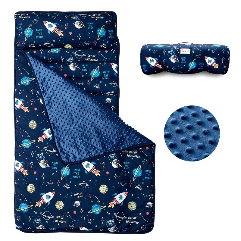 beeweed Toddler Nap Mat, Rollup Design Kid Sleeping Mat with Removable Pillow & Minky Blanket, Toddler Sleeping Bag for Daycare Preschool Travel Camping, Space Ship - Image 1