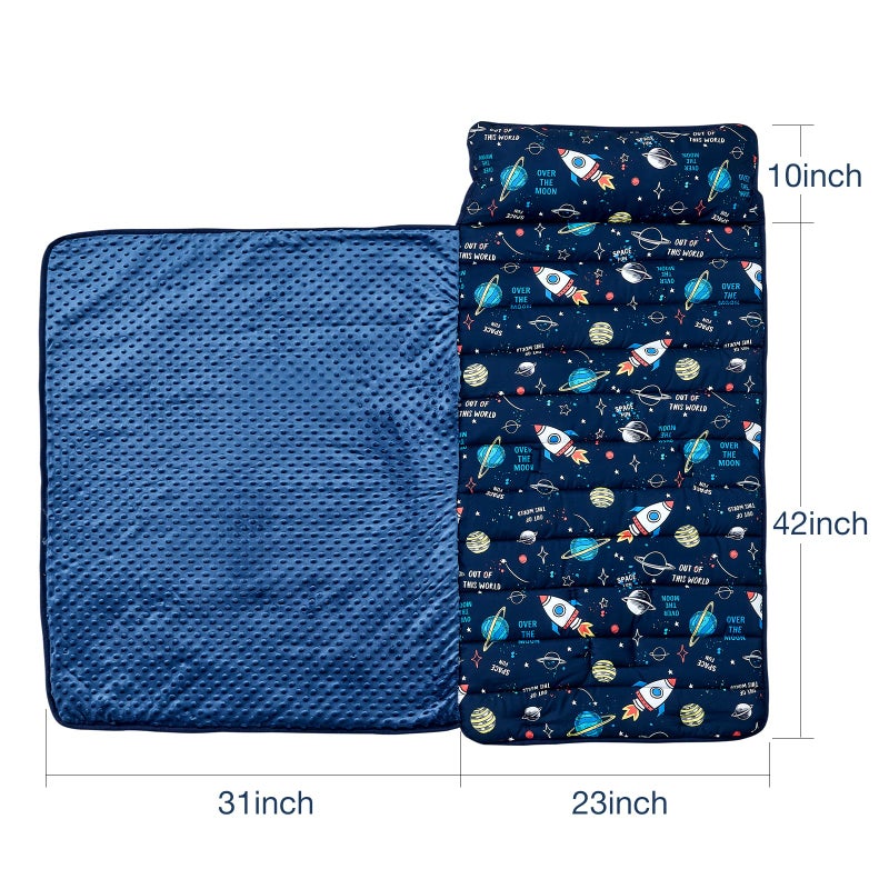 beeweed Toddler Nap Mat, Rollup Design Kid Sleeping Mat with Removable Pillow & Minky Blanket, Toddler Sleeping Bag for Daycare Preschool Travel Camping, Space Ship - Image 4
