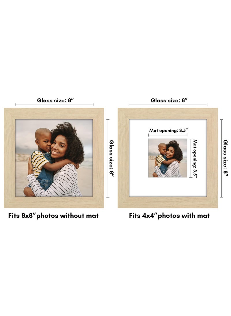 Americanflat 8x8 Picture Frame with Shatter-Resistant Glass - Use as 4x4 Frame with Mat or 8x8 Frame Without Mat - Hudson Collection - Wide Photo Frame for Tabletop and Wall Display - Natural Oak