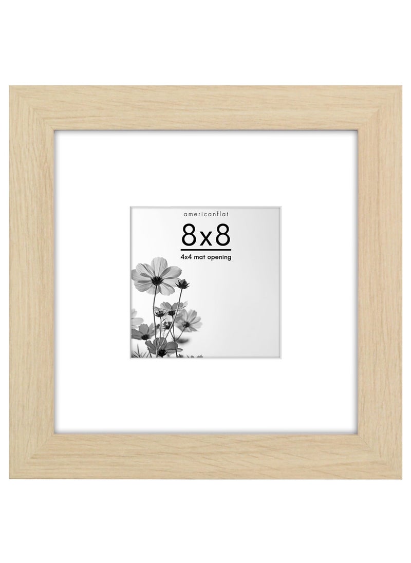 Americanflat 8x8 Picture Frame with Shatter-Resistant Glass - Use as 4x4 Frame with Mat or 8x8 Frame Without Mat - Hudson Collection - Wide Photo Frame for Tabletop and Wall Display - Natural Oak