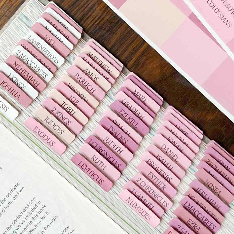 thinkor Catholic Bible Tabs, Reposition Laminated Stickers, Easy to Read and Apply Bible Tabs for Women and Man (Catholic Pink) - Image 1