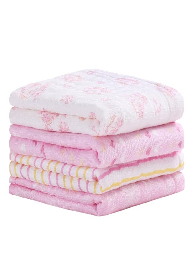 Viviland Baby Muslin Burp Cloths, Super Absorbent Washcloths for Baby Girl and Boy, 10 x 20 inches 6-Layer Baby Bath Towels, Pink Flowers & Hearts 4 Pack - Image 1