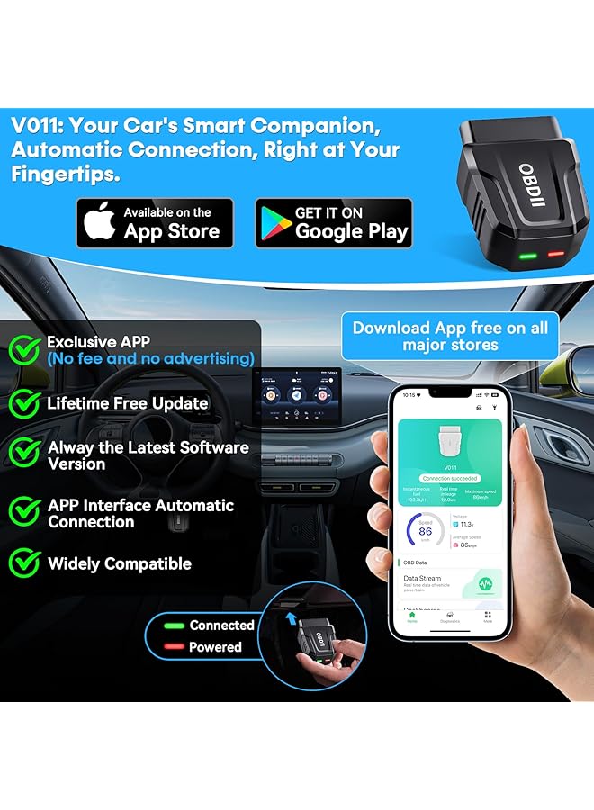 KASTWAVE Bluetooth 5.4 Obd2 Scanner, Wireless Compatible With Third-Party Apps, 1S Auto Connect To Phone, Car & Motorcycle Universal Code Reader Check Engine Fault Obdii Adapter Scan Tool For Ios/Android - Image 4