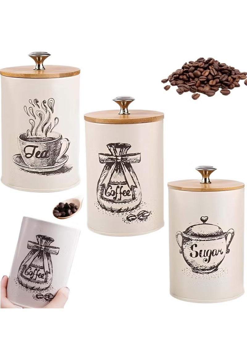 XiuWoo 3Pcs Coffee and Tea Sugar Container Set Metal Kitchen Canister Set with Bamboo Lid Airtight Sealed Food Storage Jar for Kitchen Counter  - Image 1