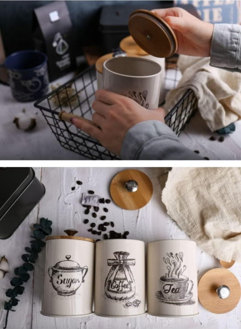 XiuWoo 3Pcs Coffee and Tea Sugar Container Set Metal Kitchen Canister Set with Bamboo Lid Airtight Sealed Food Storage Jar for Kitchen Counter  - Image 5