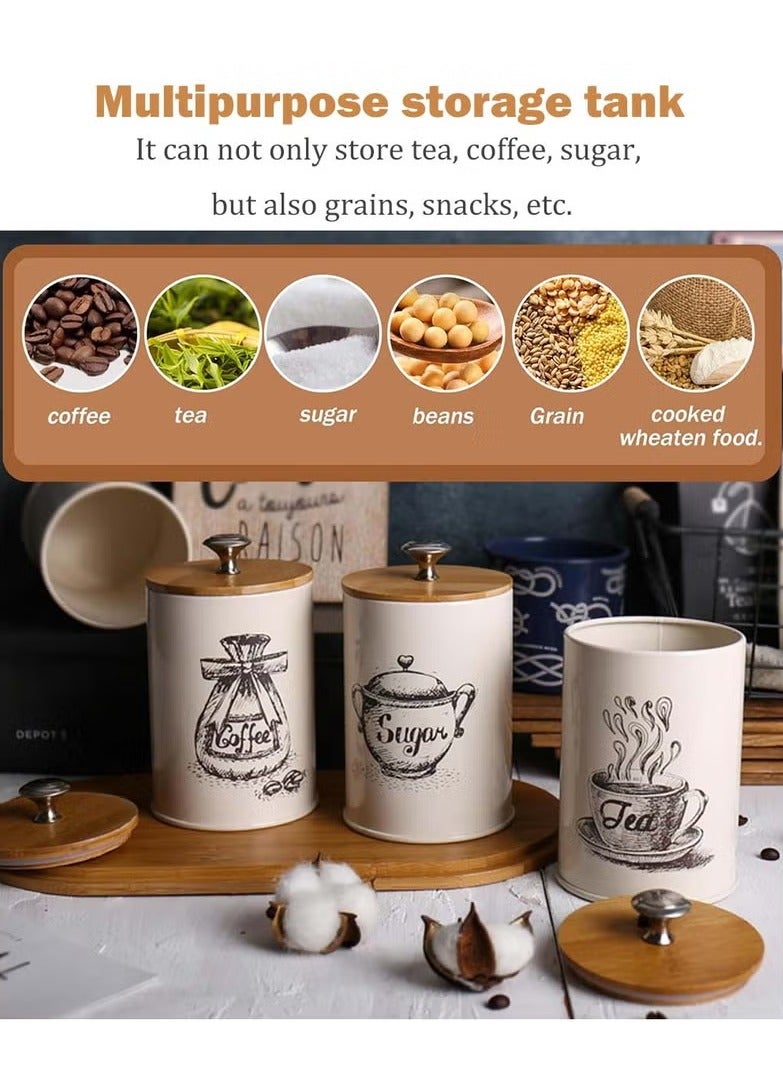 XiuWoo 3Pcs Coffee and Tea Sugar Container Set Metal Kitchen Canister Set with Bamboo Lid Airtight Sealed Food Storage Jar for Kitchen Counter  - Image 2