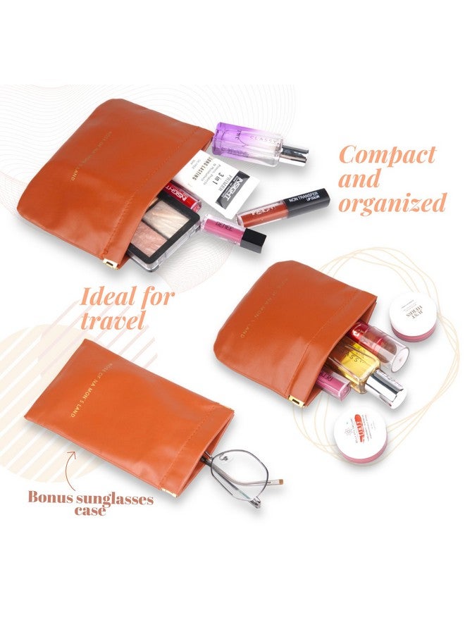 House of Quirk Cosmetic Bag for Women Makeup Bag for Purse Travel Makeup Organizer Bag Waterproof Makeup Pouch with Sunglasses Case (Pack of 3, Brown) - Image 5