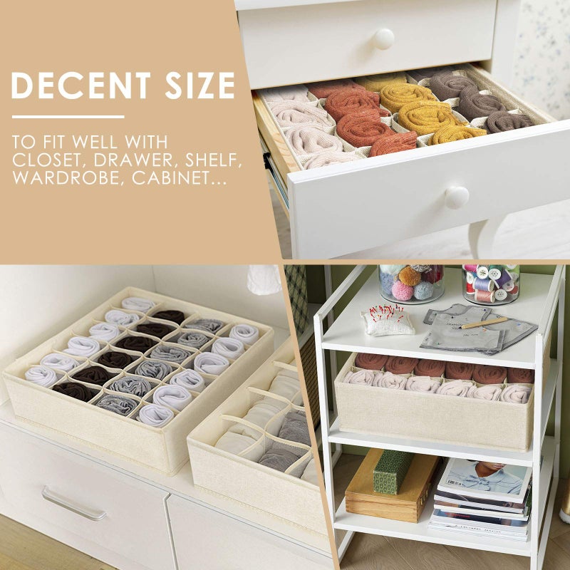 Criusia 3 Pack Sock Underwear Drawer Organizer Dividers, 64 Cell Fabric Foldable Cabinet Dresser Closet Organizers and Storage Boxes for Organizing Socks, Underwear, Ties (16+24+24 Cell, Beige) - Image 3