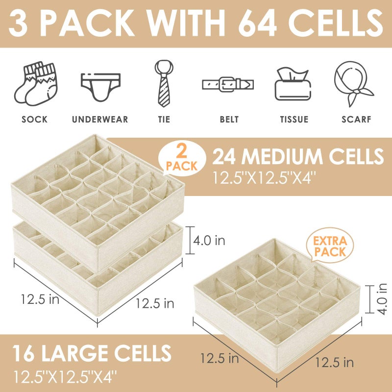 Criusia 3 Pack Sock Underwear Drawer Organizer Dividers, 64 Cell Fabric Foldable Cabinet Dresser Closet Organizers and Storage Boxes for Organizing Socks, Underwear, Ties (16+24+24 Cell, Beige) - Image 2