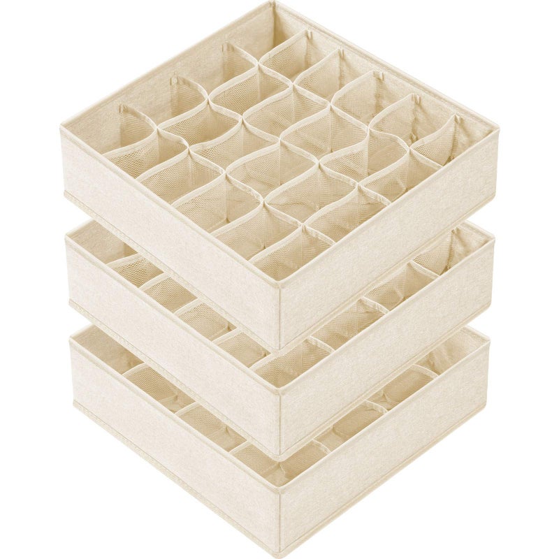 Criusia 3 Pack Sock Underwear Drawer Organizer Dividers, 64 Cell Fabric Foldable Cabinet Dresser Closet Organizers and Storage Boxes for Organizing Socks, Underwear, Ties (16+24+24 Cell, Beige) - Image 1