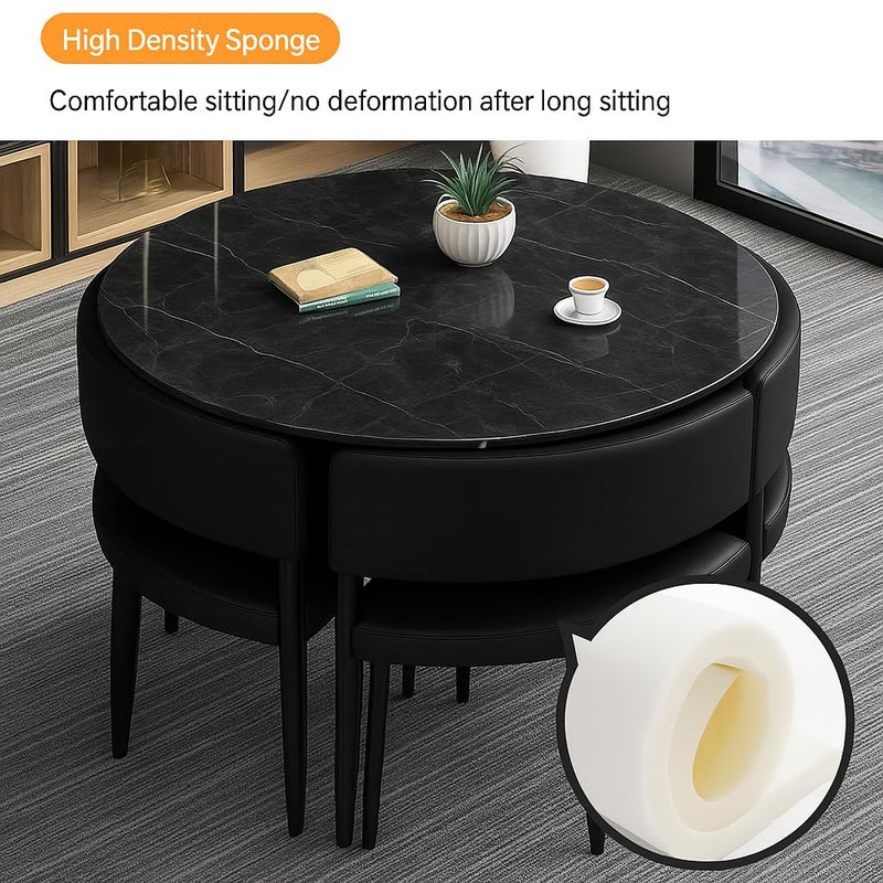 Harmony Home 5-Piece Round Dining Table Set – Black Ceramic Marble Top with Metal Legs & 4 PU Leather Cushioned Chairs – Modern Dining Furniture for Kitchen & Small Spaces - Image 5