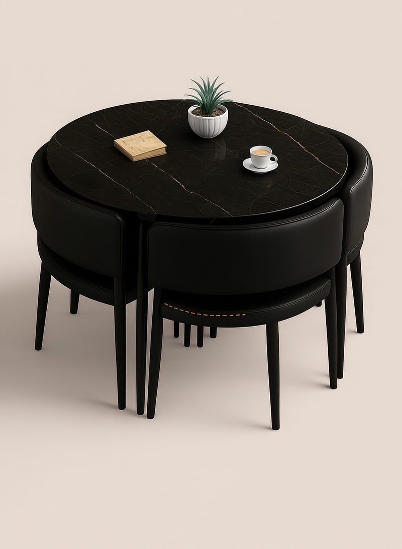Harmony Home 5-Piece Round Dining Table Set – Black Ceramic Marble Top with Metal Legs & 4 PU Leather Cushioned Chairs – Modern Dining Furniture for Kitchen & Small Spaces - Image 1