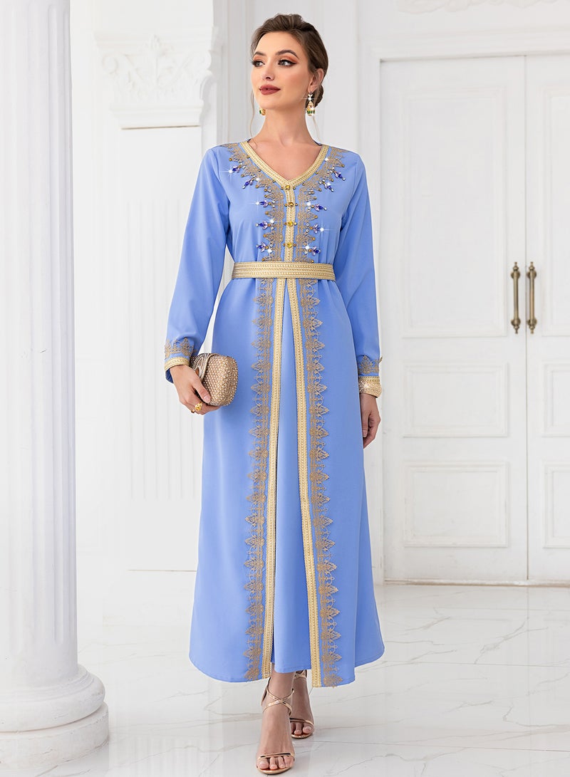 Madam Uniq Light Blue Woven Ribbon Long Sleeve Faux Two-Piece Dress with Hand-Stitched Rhinestones - Image 1