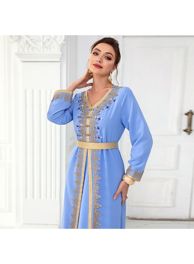 Madam Uniq Light Blue Woven Ribbon Long Sleeve Faux Two-Piece Dress with Hand-Stitched Rhinestones - Image 5