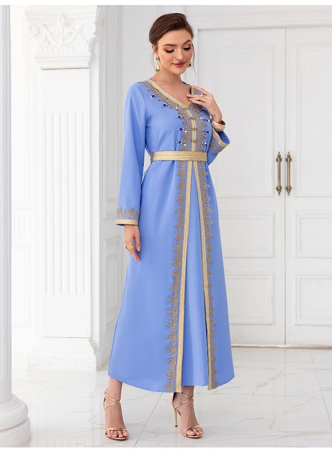 Madam Uniq Light Blue Woven Ribbon Long Sleeve Faux Two-Piece Dress with Hand-Stitched Rhinestones - Image 3