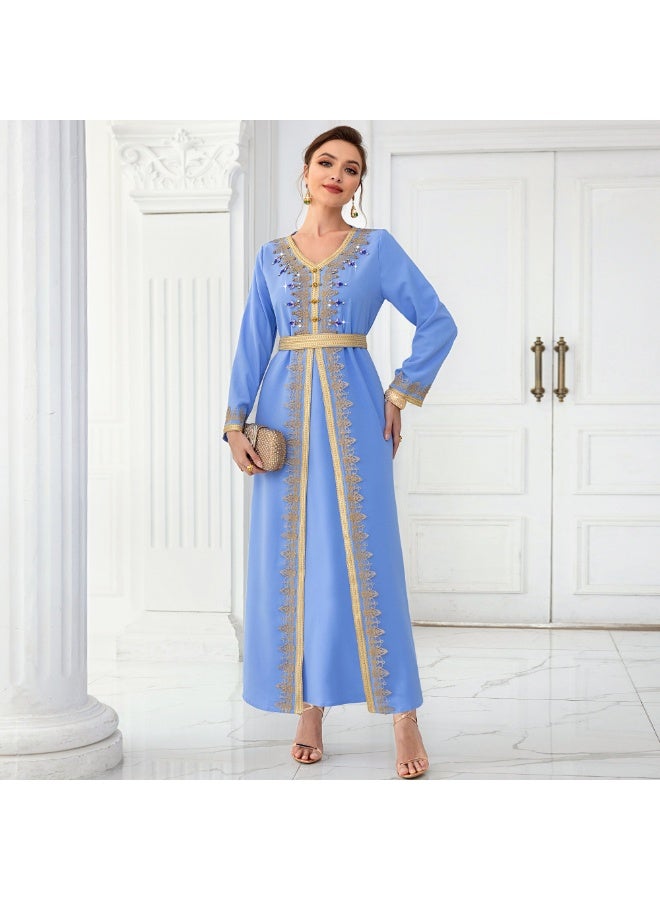 Madam Uniq Light Blue Woven Ribbon Long Sleeve Faux Two-Piece Dress with Hand-Stitched Rhinestones - Image 4