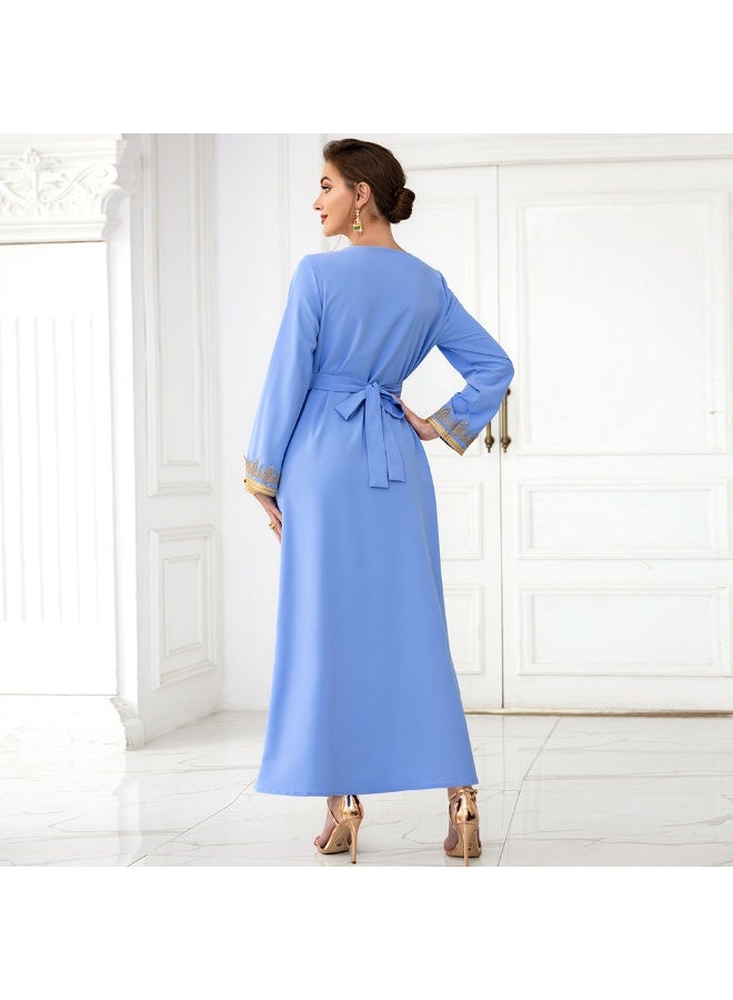 Madam Uniq Light Blue Woven Ribbon Long Sleeve Faux Two-Piece Dress with Hand-Stitched Rhinestones - Image 2