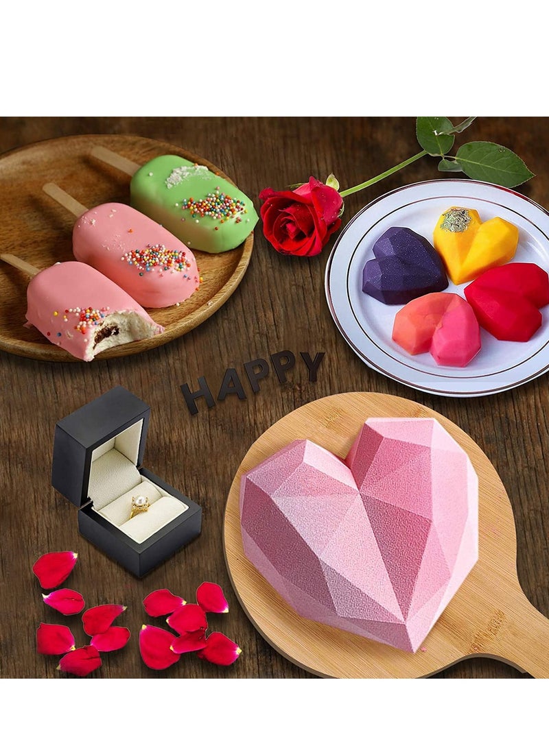 SOLARAE Heart Shaped Chocolate Mold and Popsicle Mold Set, Diamond Silicone Mousse Cake Mold Trays Chocolate Candy Dessert Ice Cream Mold Wooden Hammers for Cake Decoration Making Ice Cream Chocolate - Image 2