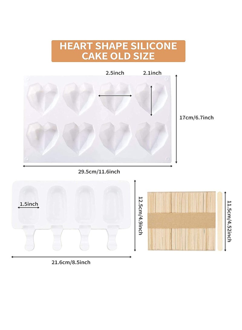SOLARAE Heart Shaped Chocolate Mold and Popsicle Mold Set, Diamond Silicone Mousse Cake Mold Trays Chocolate Candy Dessert Ice Cream Mold Wooden Hammers for Cake Decoration Making Ice Cream Chocolate - Image 5