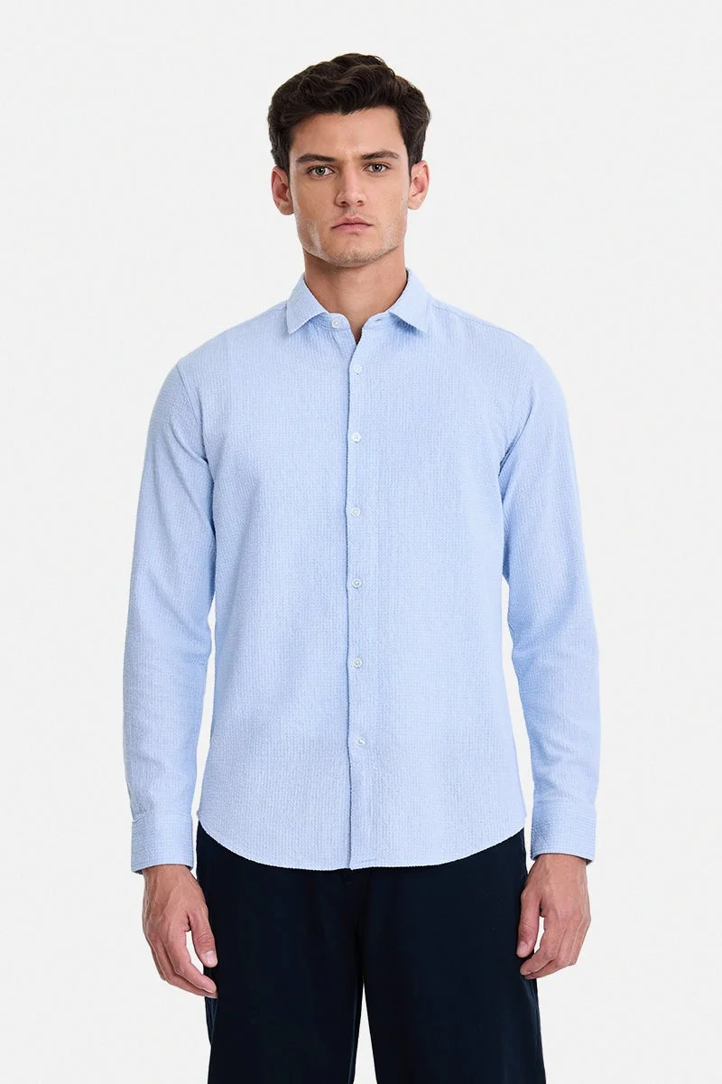 سنيتش Light Blue Textured Long Sleeve Slim Fit Shirt