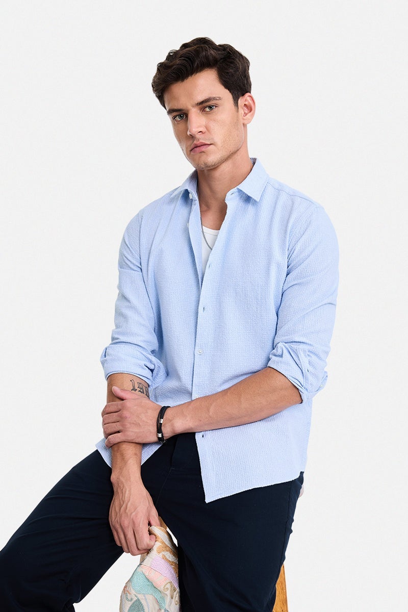 SNITCH Light Blue Textured Long Sleeve Slim Fit Shirt - Image 4