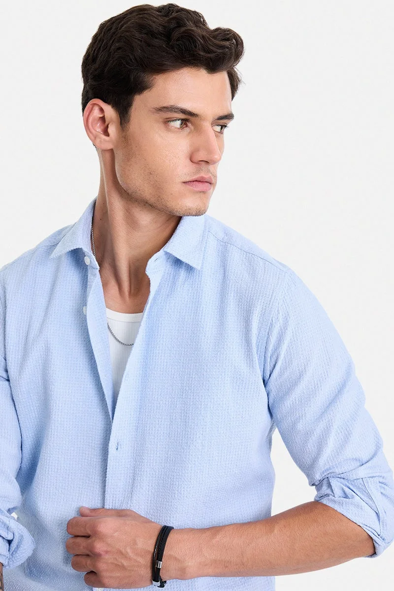 Snitch Light Blue Light Blue Textured Long Sleeve Slim Fit Shirt for Men | Best Price UAE