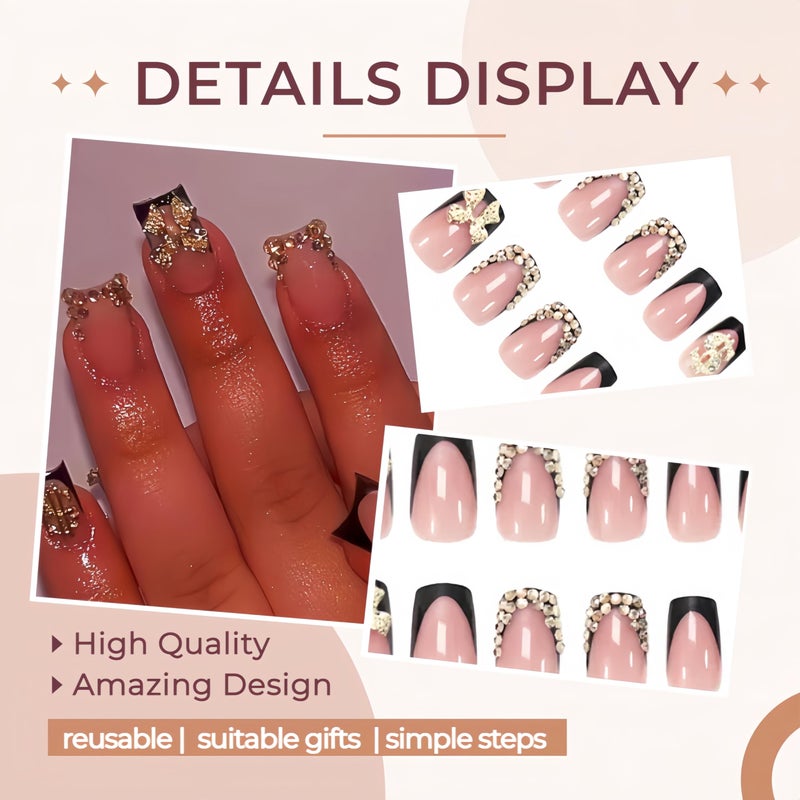 Quezadyl 24pcs Black French Tip Press on Nails Short Square Gold 3D Bow Fake Nails with Gold Dollar Rhinestones Nail Tips Design Bow False Nails Acrylic Nails French Acrylic Nails Glue on Nails for Women - Image 2