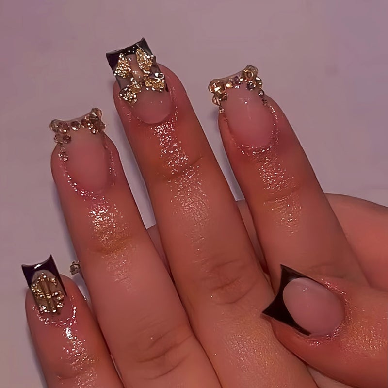 Quezadyl 24pcs Black French Tip Press on Nails Short Square Gold 3D Bow Fake Nails with Gold Dollar Rhinestones Nail Tips Design Bow False Nails Acrylic Nails French Acrylic Nails Glue on Nails for Women - Image 1