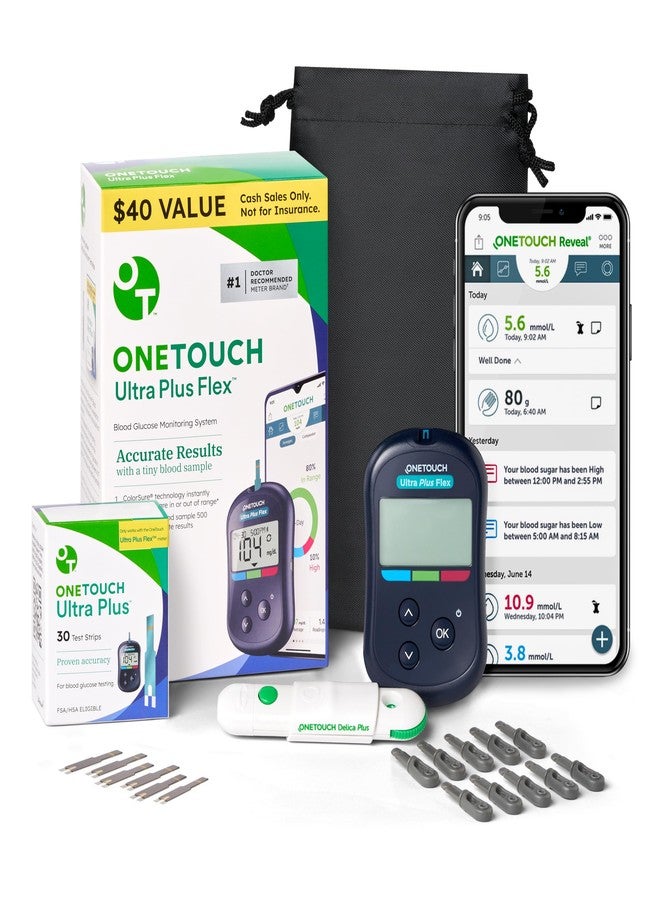 OneTouch Ultra Plus Flex Value Diabetes Testing Kit | Blood Sugar Test Kit Includes 1 Blood Glucose Meter, 1 Lancing Device, 30 Diabetic Test Strips, 10 Lancets, and Carrying Pouch - Image 1