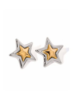 KAAF CREATIONS Two-Tone Star Stud Earrings, 18K Gold Plated Stainless Steel, Silver and Gold color.  - Image 1