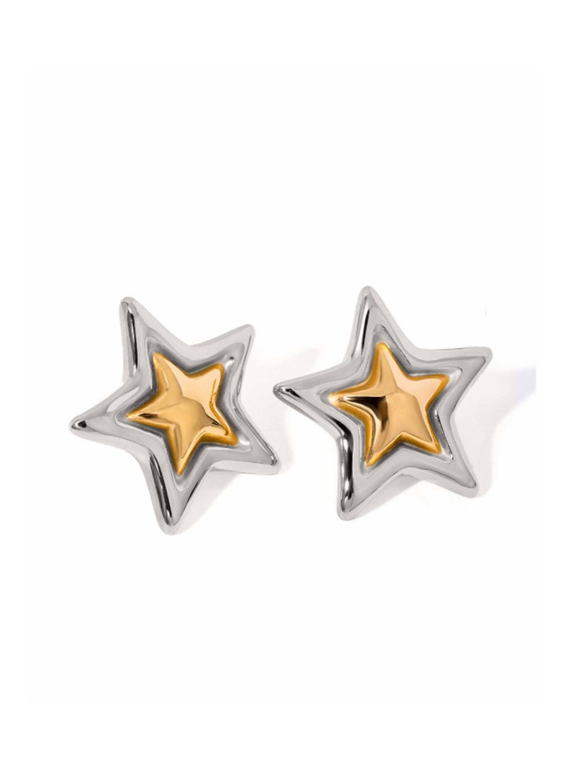 كاف كريشنس أقراط على شكل نجمة بلونين، مصنوعة من الفولاذ المقاوم للصدأ مطلي بالذهب عيار 18 قيراط، باللون الفضي والذهبي. - Image 1