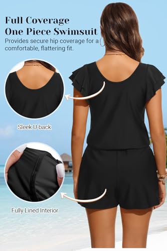 Tempt Me Women One Piece Romper Swimsuit - Ruffle Sleeve Modest Jumpsuit Bathing Suit with Shorts 2026 Swimwear Black M - Image 3