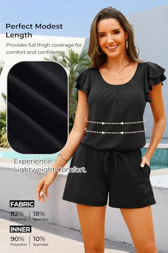 Tempt Me Women One Piece Romper Swimsuit - Ruffle Sleeve Modest Jumpsuit Bathing Suit with Shorts 2026 Swimwear Black M - Image 5
